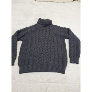 Vintage Gray Chunky Cable Knit Turtleneck Merino‎ Wool Fisherman Sweater Small